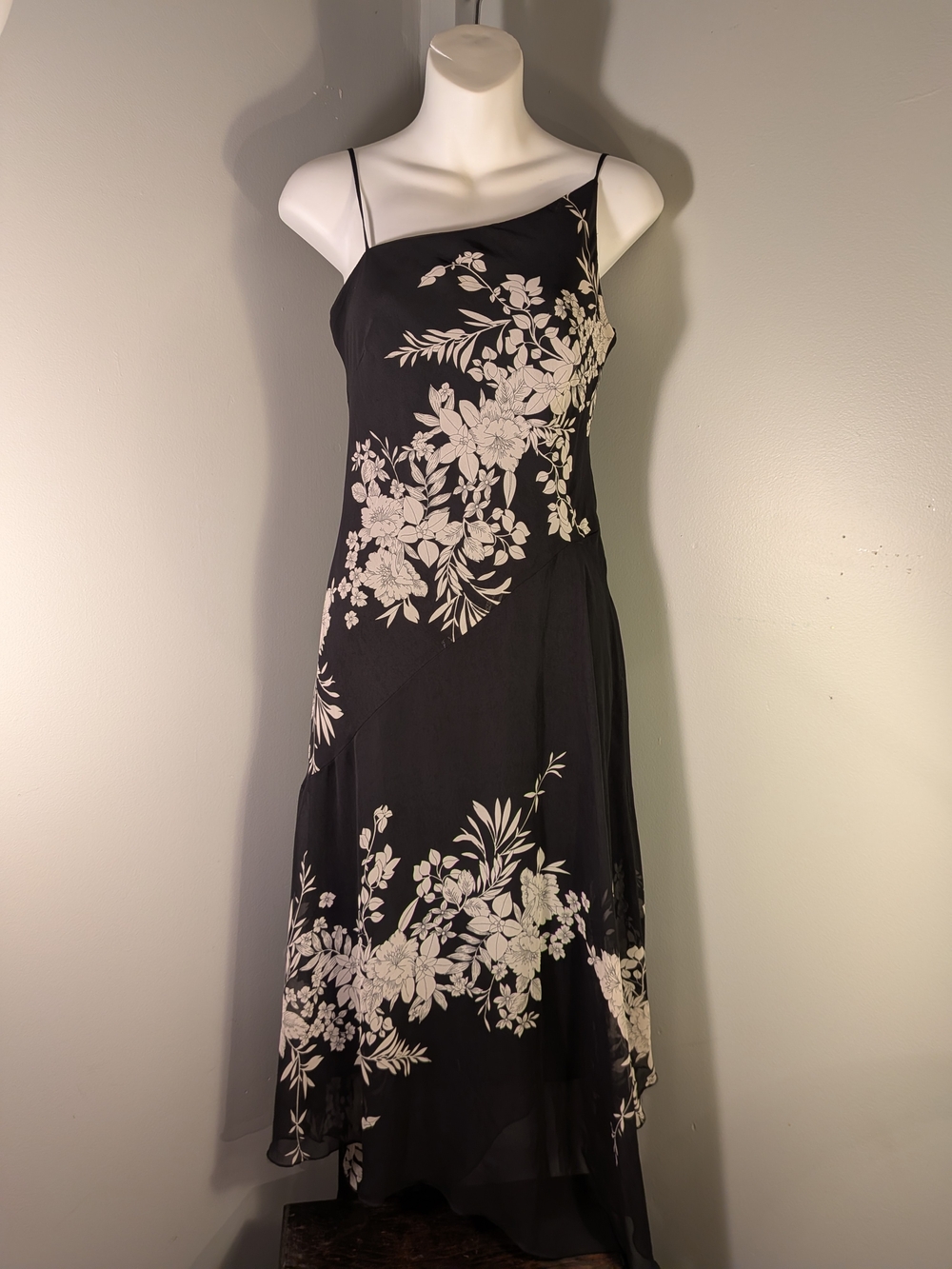 Vintage B. Moss Black/White Floral Chiffon Asymmetrical Slip Dress Spaghetti 2
